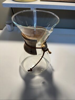 Clear Glass Pour-Over Coffee Carafe with Natural Wood Collar and Leather Tie